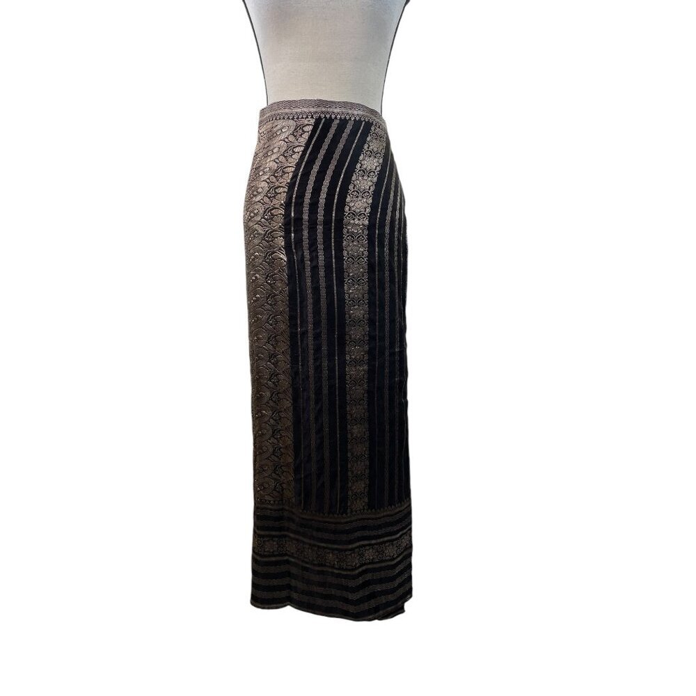 Jedzebel 100% Silk Made in India black gold silk wrap maxi skirt O/S